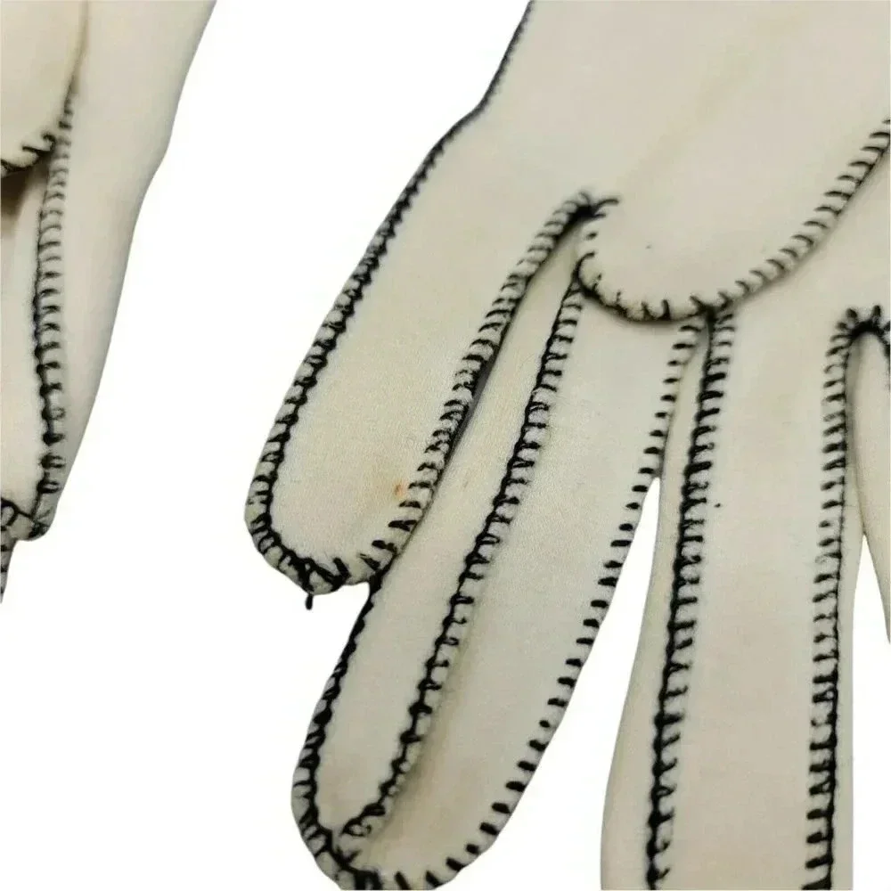 Beige Black Stitched Vintage Driving Gloves Cotton Womens Mid Century